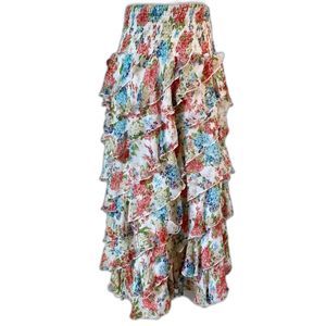 white pink red blue Garden fairy floral flower boho midi skirt plus size XL